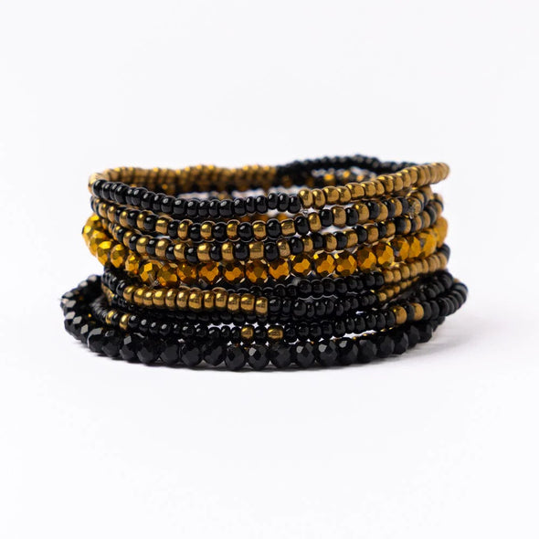 Ink + Alloy Black and Gold Gameday 10 Strand Beaded Stretch Bracelets