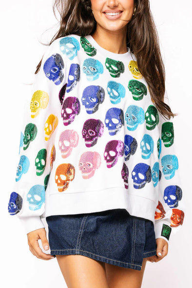 QOS White Rainbow Skulls Sweatshirt