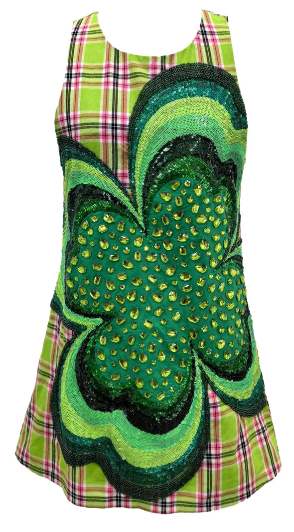 QOS Green Plaid Oversized Shamrock Cotton Tank Dress