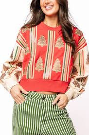 QOS Red&Ivory Striped Christmas Cookie Sweatshirt