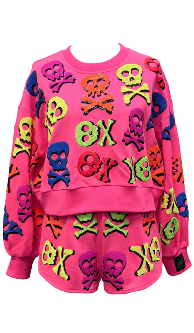QOS Neon Pink Multi Skull & Crossbones Sweatshirt
