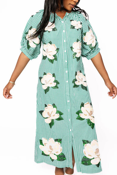QOS Green & White Gingham Magnolia Button Up Midi Dress