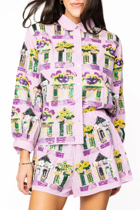 QOS Purple&White Mardi Gras Porches ButtonUp Top