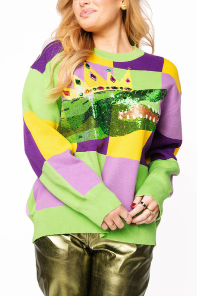 QOS Mardi Gras Checkered Alligator Queen Sweater