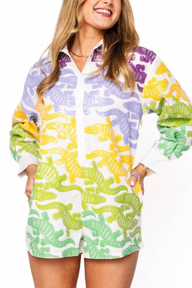 QOS White,Purple,Yellow,&Green Alligator Button Up Cotton Romper