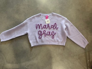 QOS Lavender Mardi Gras Glitter Script Sweater
