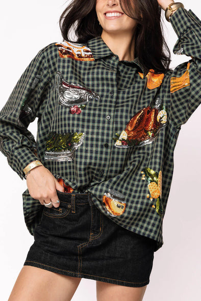 QOS Navy Plaid Queen of Turkey Button Up Long Sleeve Top