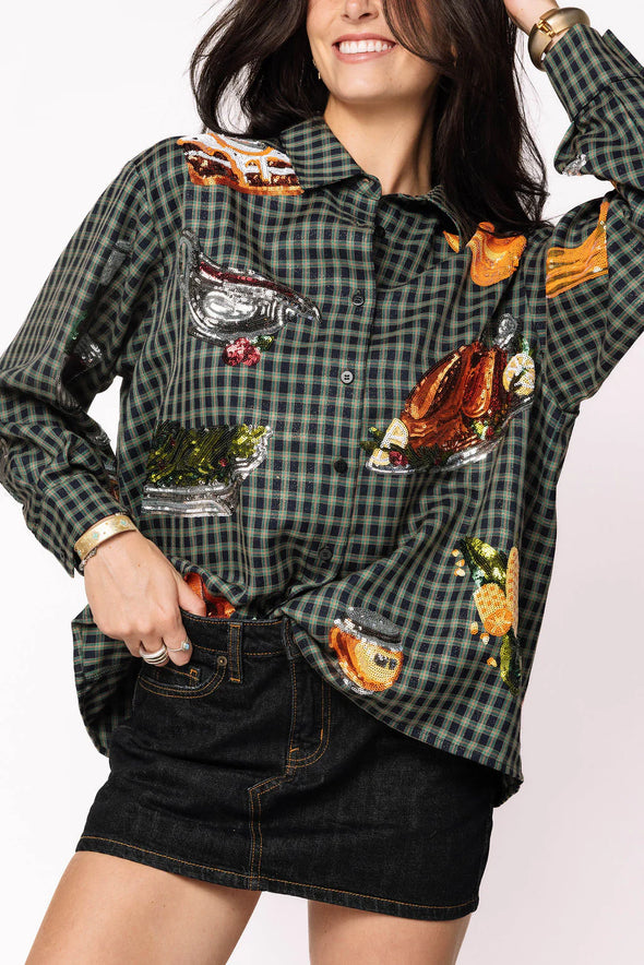 QOS Navy Plaid Queen of Turkey Button Up Long Sleeve Top