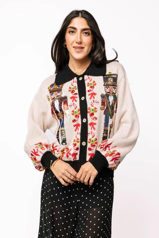 QOS Black Trim Nutcracker & Candy Cane Button Up Cardigan