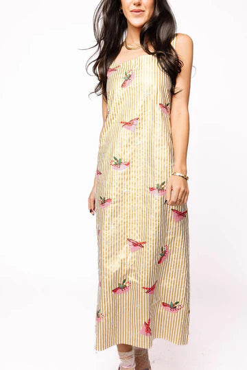 QOS Gold Metallic Stripe Christmas Cocktail Midi Dress