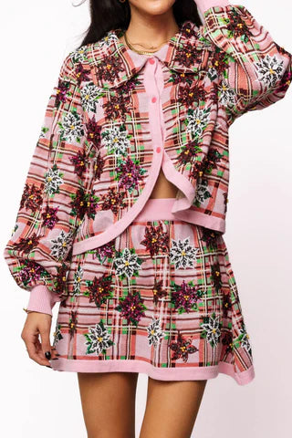 QOS Pink Plaid Poinsettia Button Up Collar Sweater