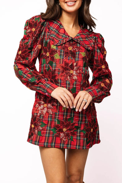 QOS Red Plaid Poinsettia Oversized Collar Poof Sleeve Dress