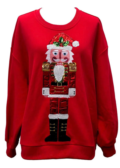 QOS Red Metallic Santa Nutcracker Sweatshirt