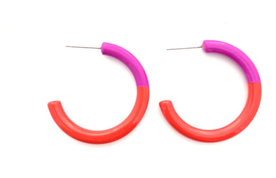 Color Block Hoop Earrings Med in Fushcia and Tomato Red