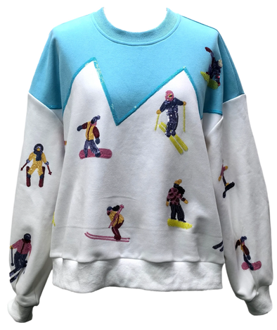 QOS White/Blue Skiers On Mountain Sweatshirt