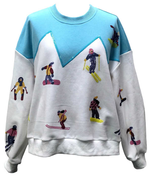 QOS White/Blue Skiers On Mountain Sweatshirt