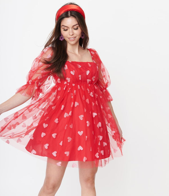 Red & Pink Glitter Hearts Love Babydoll Dress