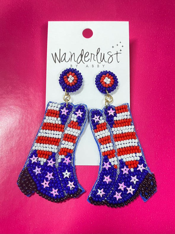 Beaded Red, White, and Blue Boot Earrings