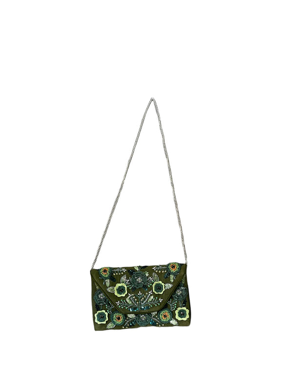 Green Corduroy Floral Beaded Bag