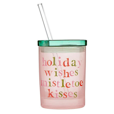 Slant Holiday Wishes Mistletoe Kisses Glass Cup With Straw