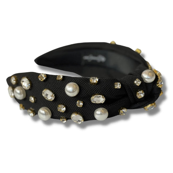 Brianna Cannon Black Twill Headband With Large Pearls And Crystals